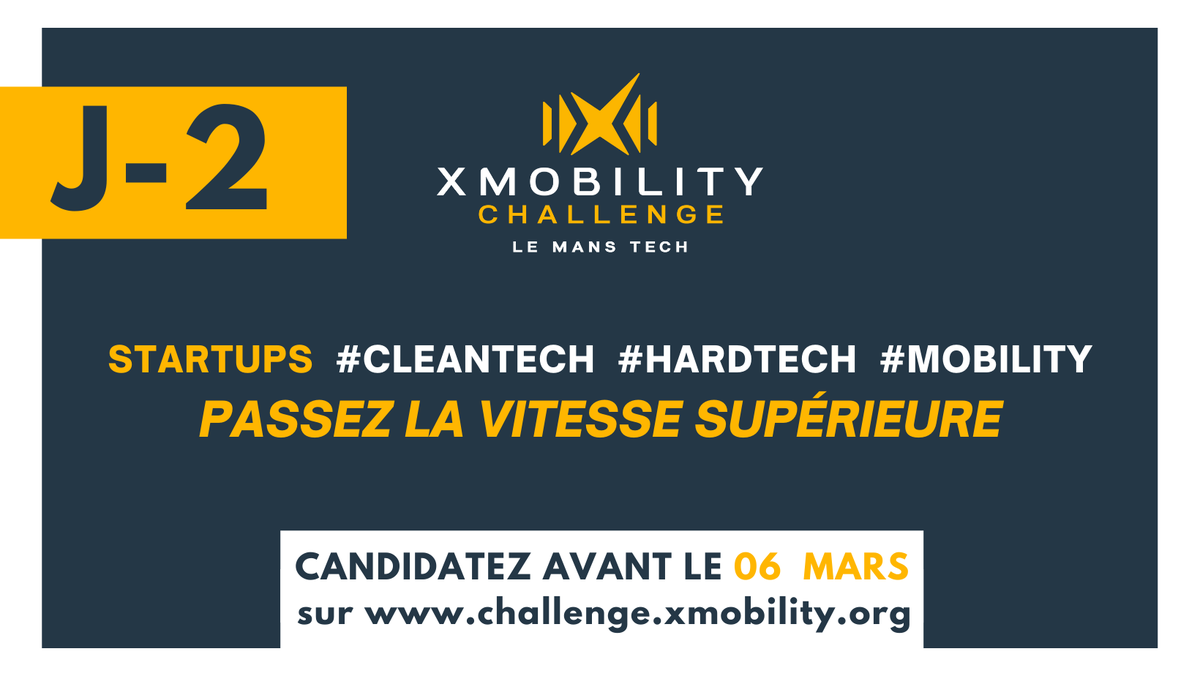 XMobility2's tweet photo. [APPEL À CANDIDATURE 📣] URGENT // LAST CALL - XMOBILITY Challenge ! 🚨 

Immergez vous dans ce circuit de l'entrepreneuriat #hartech #startup #lemans #mobility !

🚨 CANDIDATEZ ici avant le 6 mars : https://t.co/zZyPKCZsSC https://t.co/Cycu62UzF7