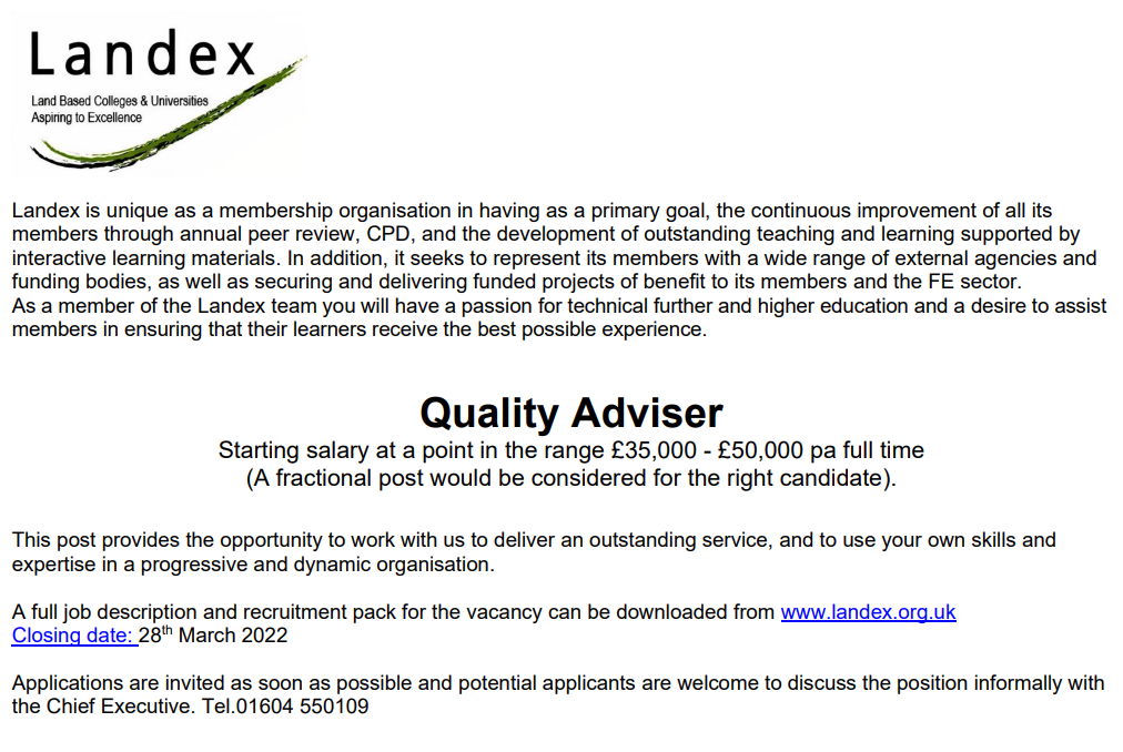 We have a brilliant opportunity for someone to join the Landex team!

Do you have a passion for technical further and higher education and a desire to assist Landex members in ensuring that their learners receive the best possible experience