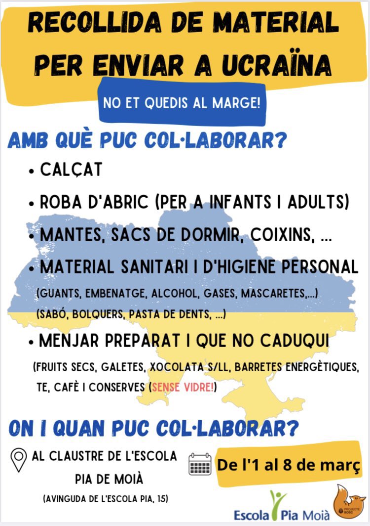 Moià amb #Ucraïna 🇺🇦. Recollida a l’Institut que farem arribar a l’@EscolaPiaMoia per enviar-la a Ucraïna.