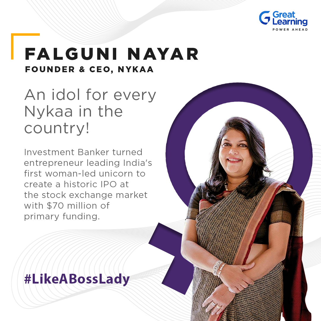 Great_Learning's tweet photo. Nykaa, derived from a Sanskrit word meaning ‘Heroine’ or ‘the one in the spotlight' is a true reflection of who Falguni Nayar is. A self-made billionaire, with a net worth of $ 7.5 billion. This #WomensDay, we’re honouring the passion that drove her to the top #LikeABossLady. https://t.co/AnhiP9Qj2x