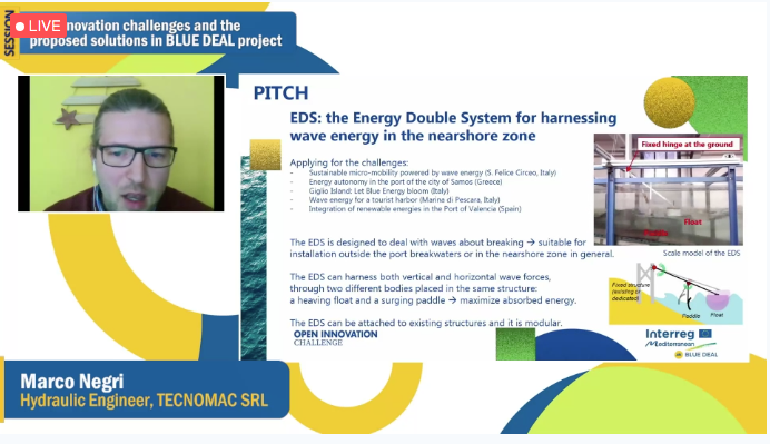 bluedeal_med's tweet photo. #HappeningNow #BDCapLab
🗣️Marco Negri from #TECNOMAC introduce their EDS device for harnessing wave energy in the nearshore zone that can solve 5 challenges!
#bluegrowthcommunity https://t.co/LagEowR2ZO