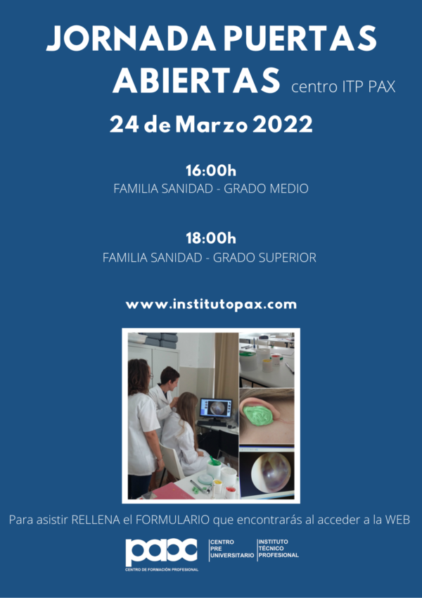 PaxInstituto's tweet photo. No te pierdas nuestras JORNADAS DE PUERTAS ABIERTAS PRESENCIALES del próximo 24 de marzo de la familia profesional SANIDAD. Puedes inscribirte en https://t.co/Bvly1gYgF9 Que no te lo cuenten . ¡Ven y conócenos!🧐la #FP es mucho más. Lidera tu futuro https://t.co/ctkKTQtf4L