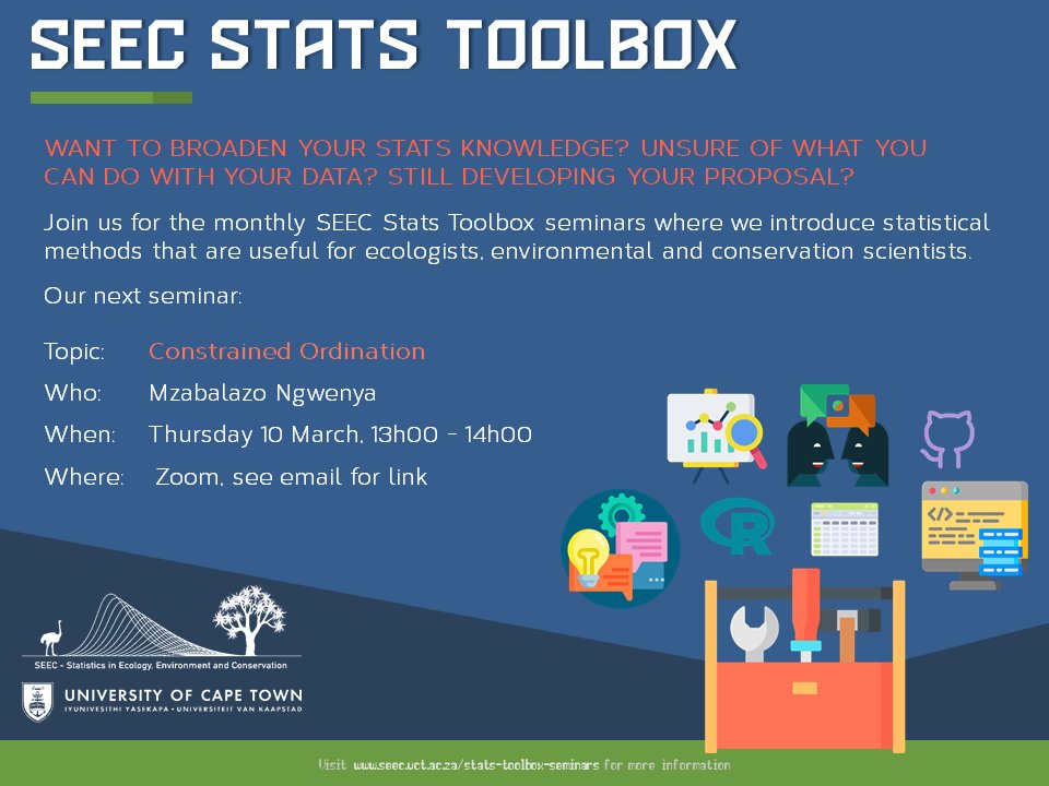 ResAltwegg's tweet photo. Join us for our next @SEEC_UCT Stats Toolbox Seminar about constrained ordination @UCT_Research @StatsUct https://t.co/pnEy8H0LEW