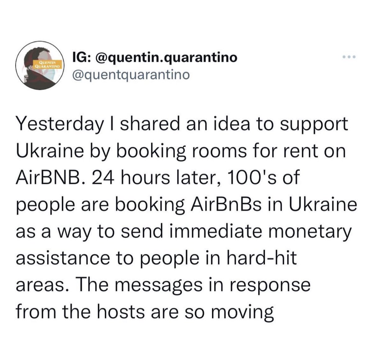 aunmasyo's tweet photo. Qué maravilla el SER HUMANO ❤️

Desde ayer se están haciendo reservas y confirmaciones ficticias de viviendas a través de @Airbnb (espero que reduzcan o quiten las comisiones) en distintos lugares de Ucrania para de este modo ayudar de una manera simple y rápida. https://t.co/PIT2TTLj5X