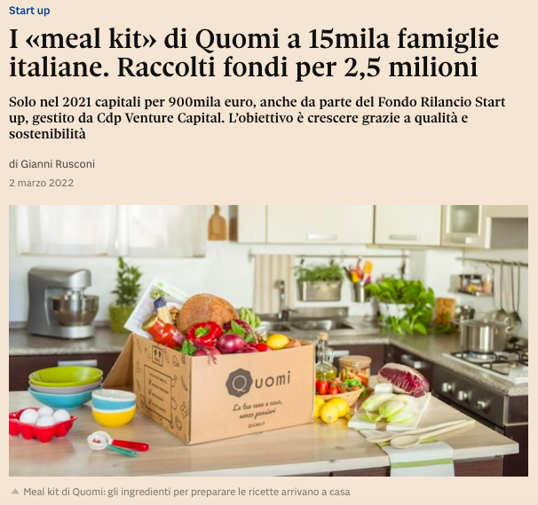 Si parla di noi su Il Sole 24 Ore!
Scopri di più al link: lnkd.in/dJMg4xR6

#mealkits #foodtech #sostenibilità #quomi