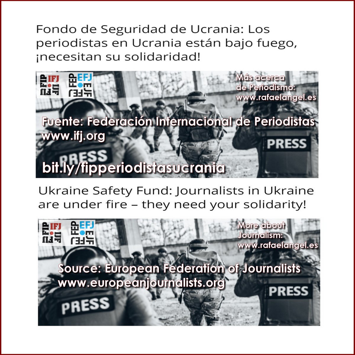 pressnet's tweet photo. 🇺🇦#Journalists in #Ukraine are under fire. They need your #solidarity Solidarity Fund #UkraineJournalists #UkraineJournalism #Journ #InvasionOfUkraine #UkraineWar #HelpUkraine Source: @EFJEUROPE
https://t.co/DpxVBKKe2V
+ About Journalism on @pressnet: https://t.co/kiKRzq65zi https://t.co/nOLalydB68