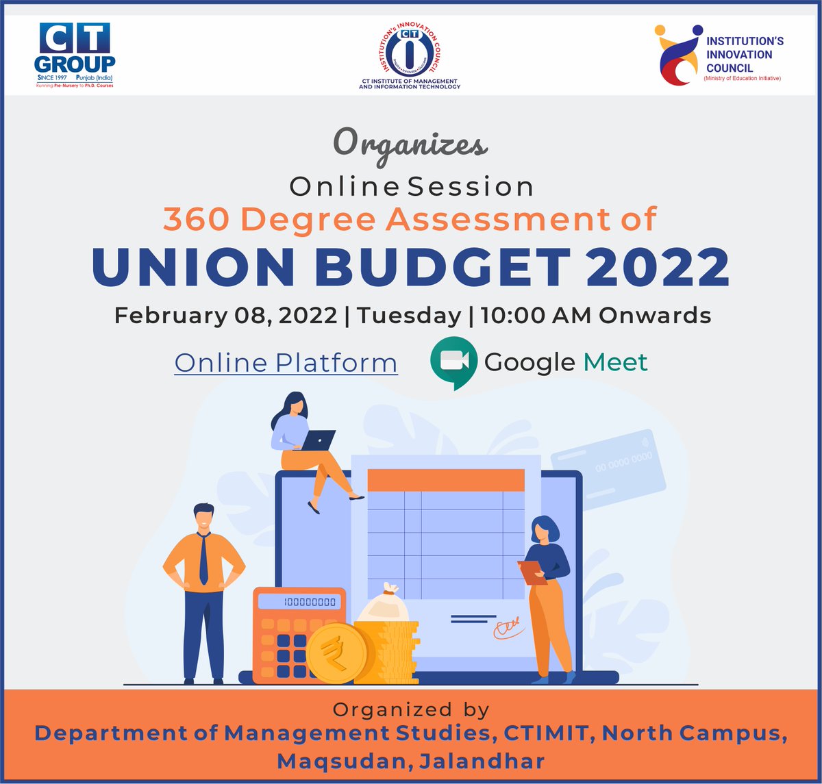 iic_ctimit's tweet photo. IIC-CTIMIT Organizes Online Session on 360 Degree assessment of “UNION BUDGET 2022”
Organized By: Department Of Management Studies, CTIMIT.
February 08, 2022
10:00 AM onwards On GOOGLE MEET.
 
#onlinesession #IIC #CTIMIT #CTGI #CTGROUP #TeamCT https://t.co/Ravi3GT4mW