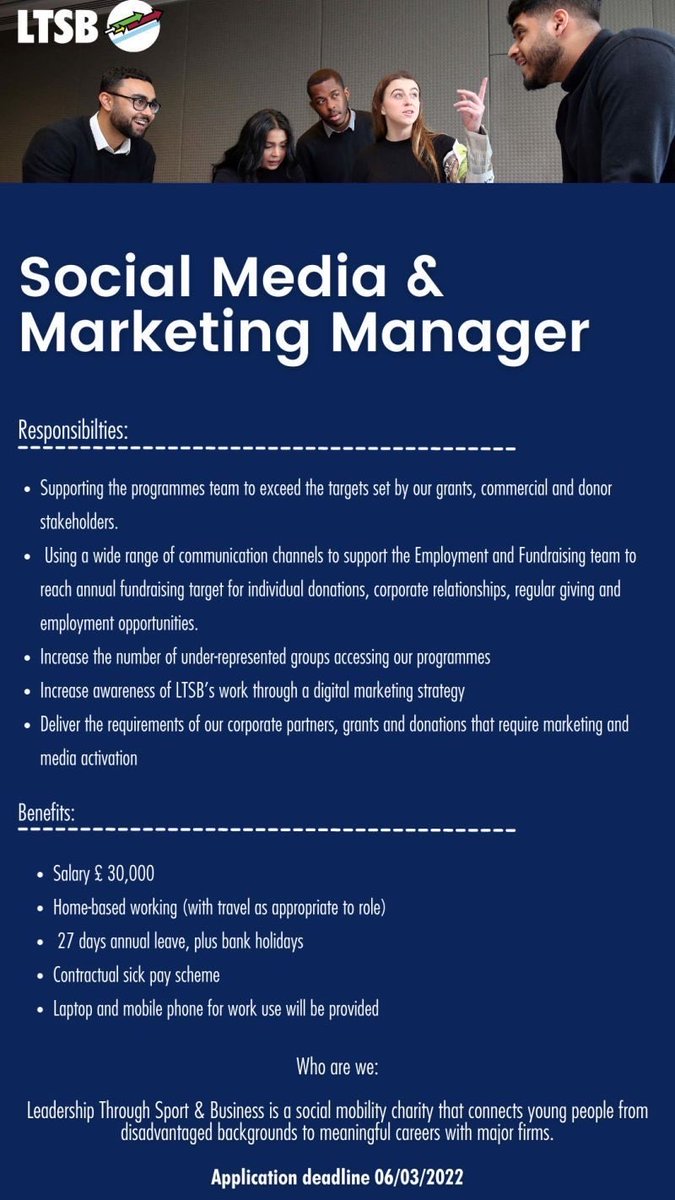 PaulEvans79's tweet photo. Please share 📢

Social Media &amp; Marketing Manager
Salary £ 30,000 

Come and work with us to help connect young people from disadvantaged backgrounds to meaningful careers. 

https://t.co/cOyztnSIgY
 
#charityjobs #socialmobility https://t.co/X1gxEorfel