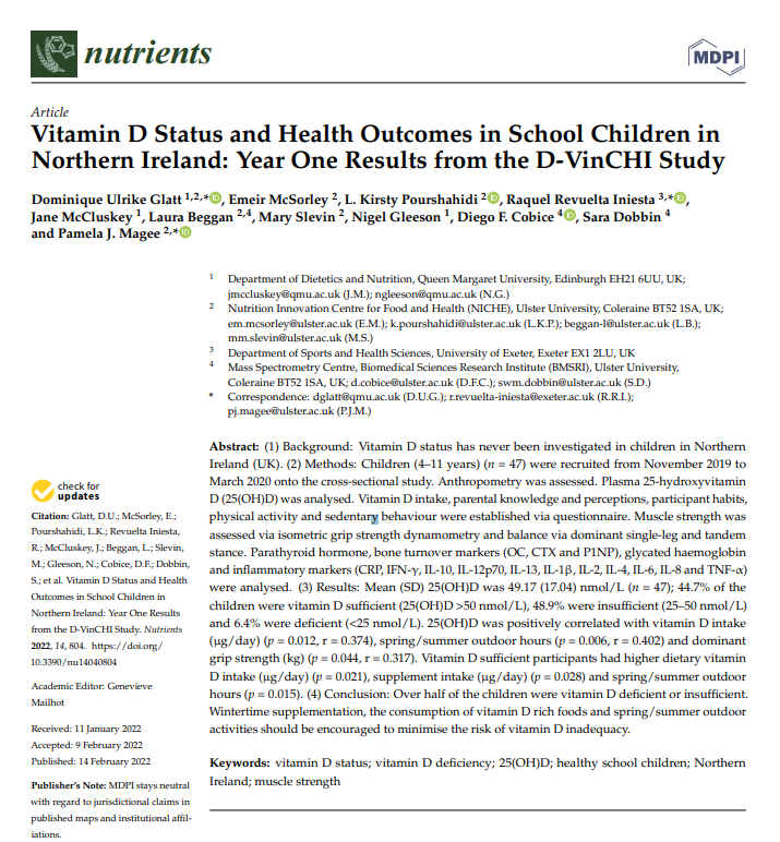 NICHE_ULSTER's tweet photo. NEW PAPER | Around 1 in 2 school children in NI #vitaminD insufficient (<50nmol/l). Important pre #COVID19 data from year1 of the D-VinCHI Study. Wintertime 💊, vitamin D rich foods 🐟🥚 &amp; spring/summer outdoor activities 🤸 should be encouraged https://t.co/aXebdoKehw #NICHEvitD https://t.co/5BNwMoUCZY