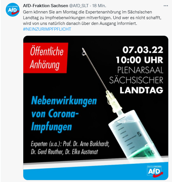 wilke_tobias's tweet photo. #AfD-"Experten" für Anhörung im Landtag #Sachsen:
#Burkhardt faselt von "Lymphozyten-Amok" in Organen Geimpfter und will dort metallische Quader (Mikrochips?) gefunden haben.
#Reuther (dieBasis) scheibt für rechtsextreme PI-News.
#Austenat: UV, Ozon & Ivermectin statt Impfung. https://t.co/9082nOEvRQ