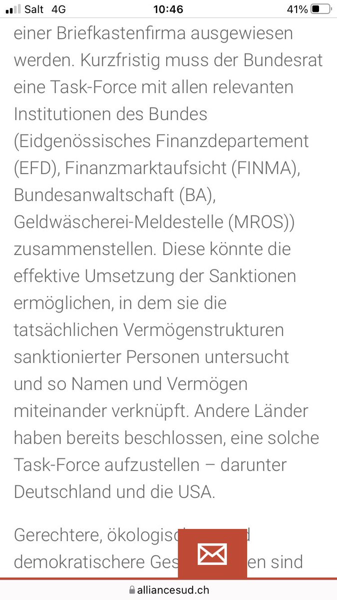 Die USA stellt eine Task-Force zur Aufspürung russischer Offshore-Vermögen auf - sehr viel davon liegt in der Schweiz. Der Bundesrat muss jetzt mit einer eigenen Task-Force nachziehen, die mit den USA kooperieren kann, wie das <a href="/AllianceSud/">Alliance Sud</a> gestern schon forderte. #Ukraine