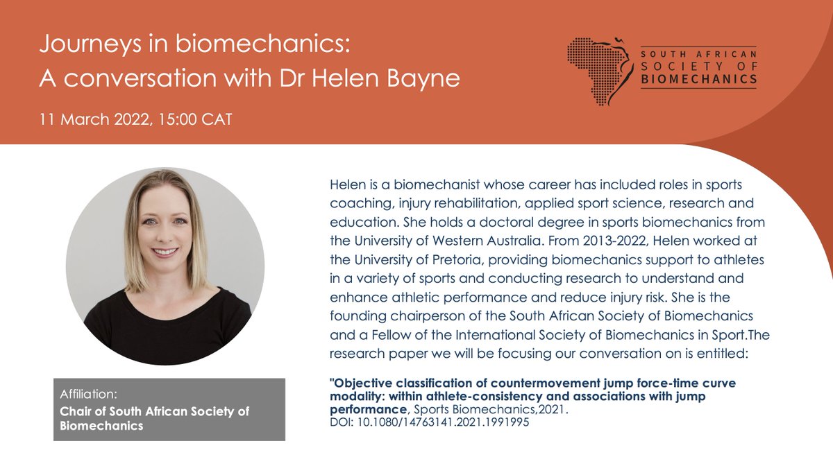 We are about to kickstart the SASB Journal Club for 2022! We'll be talking to our very own SASB chairperson <a href="/HelenBayneZA/">Helen Bayne</a> about her journey in #sports #biomechanics. Friday 11 March, 15:00 CAT. 
Register:bit.ly/3hBIIaE
Read the paper: bit.ly/3tqz4gL