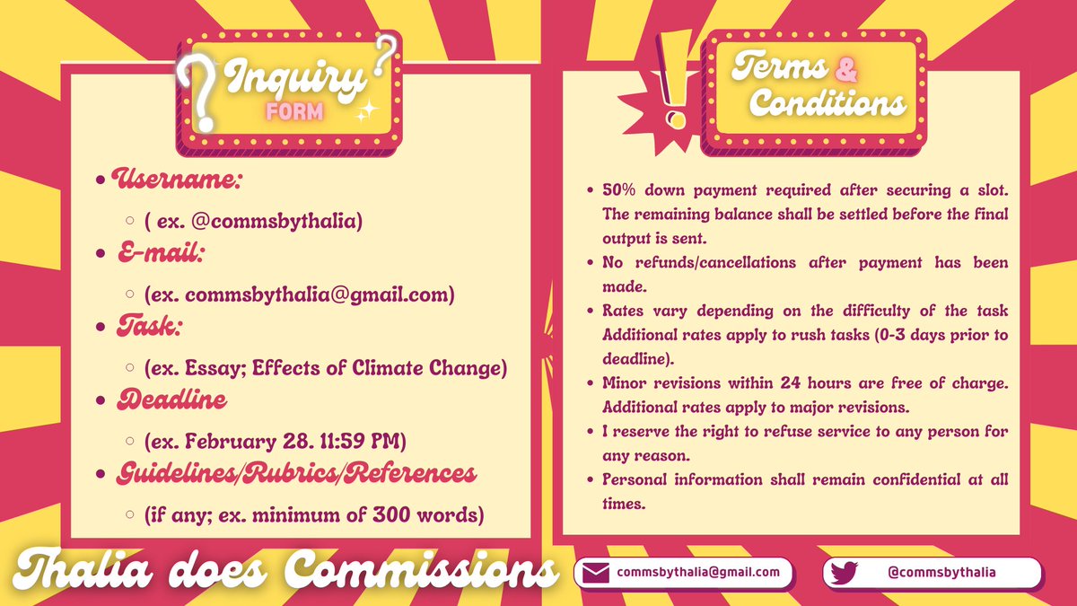 need to lighten your workload? i'm here to help!

hi, i'm thalia and i am now accepting academic commissions as listed below. for more inquiries, send me a dm! #commstwt

# lf acad acads comms services help essay rush tasks writeups write ups english commission client