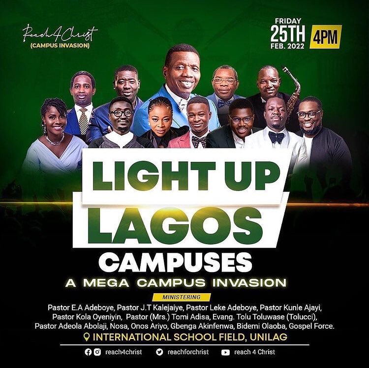 RCCG_PR's tweet image. Today we invade Lagos Campuses and The University of Lagos in particular with the Light of God.
We have amazing ministers lined up for us today, join us live and stay connected. 

#Reach4Christ
#LightUpLagosCampuses