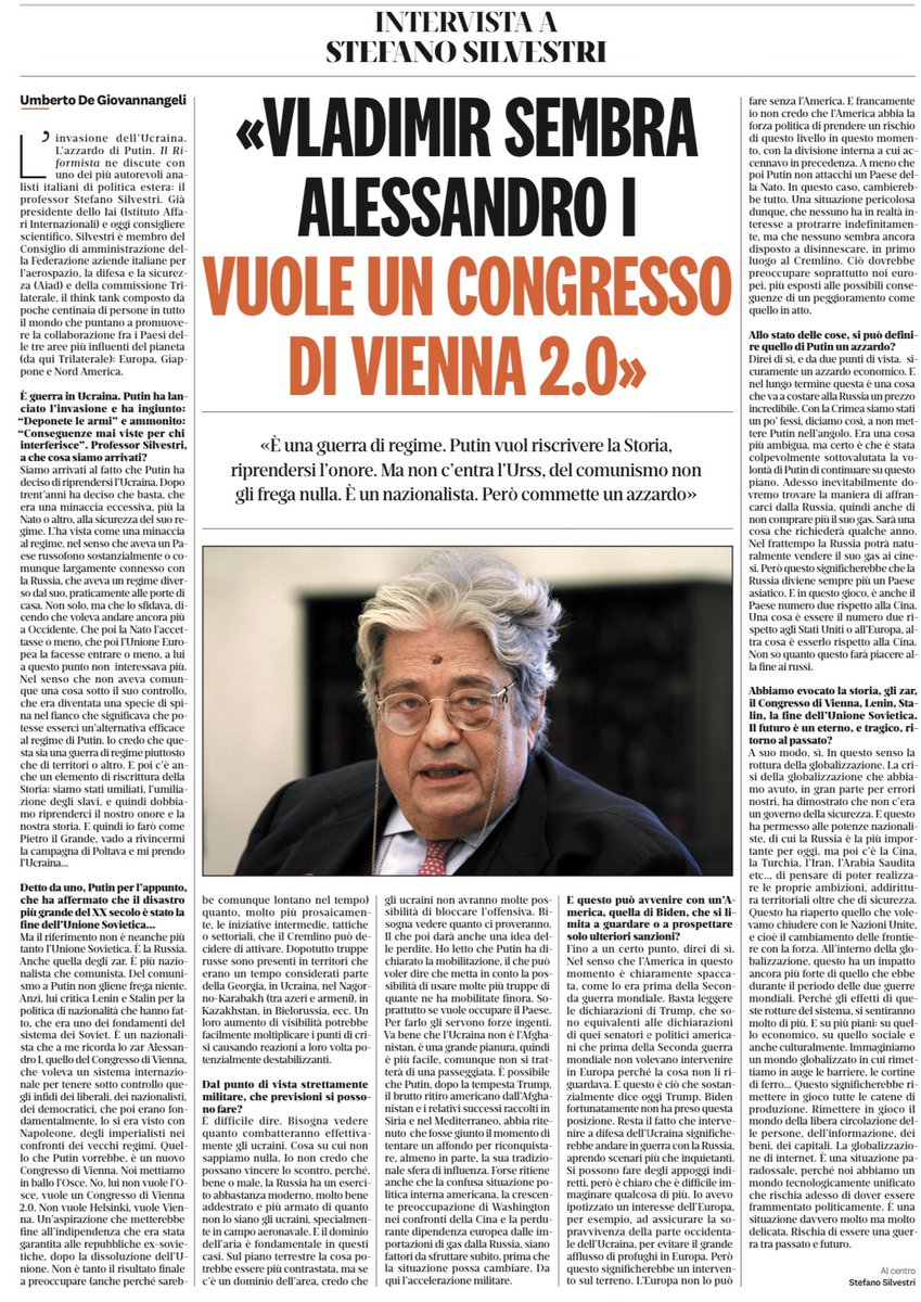 francofontana43's tweet photo. “È una guerra di regime.
Putin vuole riscrivere la Storia, riprendersi l’onore.
Ma non c’entra l’Urss, del comunismo non gli frega nulla.
È un nazionalista.
Però commette un azzardo”.
Intervista a Stefano Silvestri, uno dei piu autorevoli analisti di politica estera
@ilriformista https://t.co/zomHI5NLPr