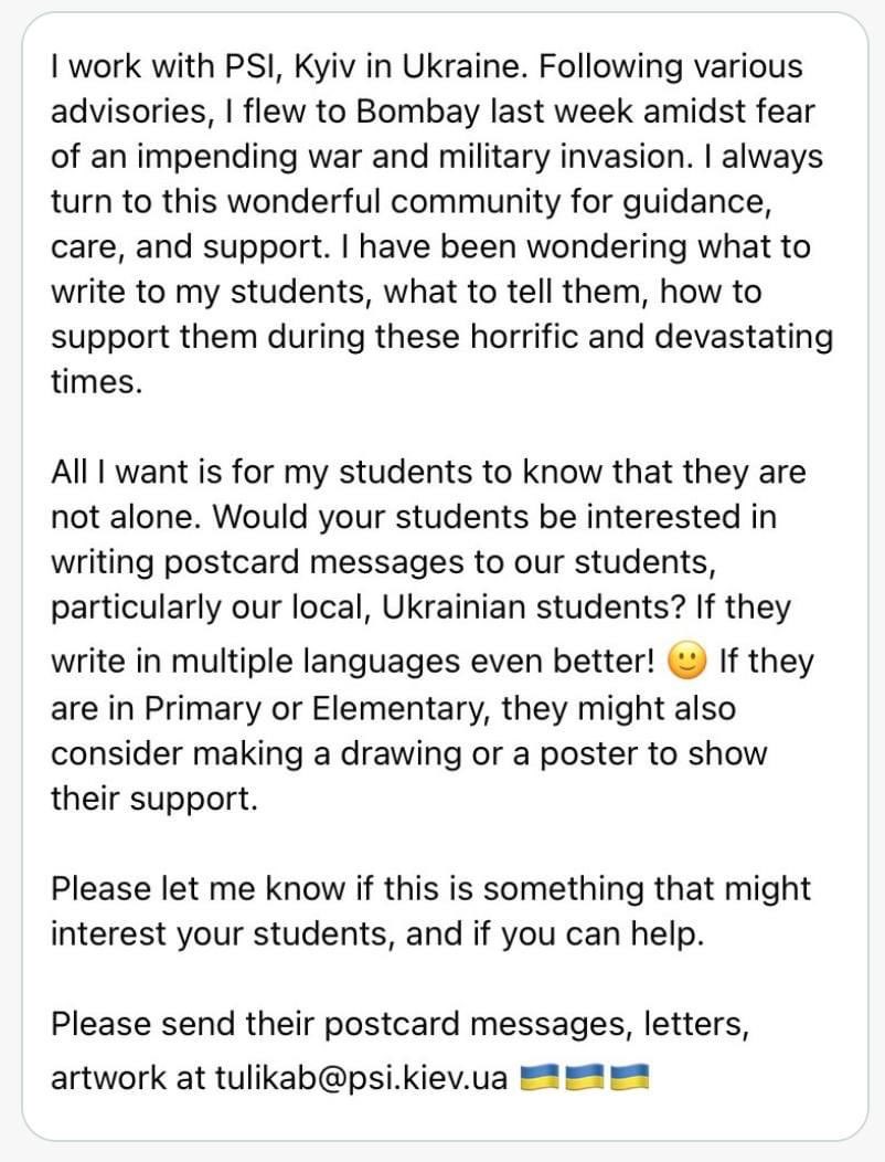 My heart aches for all, &amp; I find myself at a loss for words.

Please share the attached message w/ teachers &amp; students around the🌍—&amp; then write. Connection matters. Knowing you are not alone matters. 

Thank you for this, <a href="/constancekkg/">Constance Leung</a>. 💞
#just4you #PYPchat #MYPchat