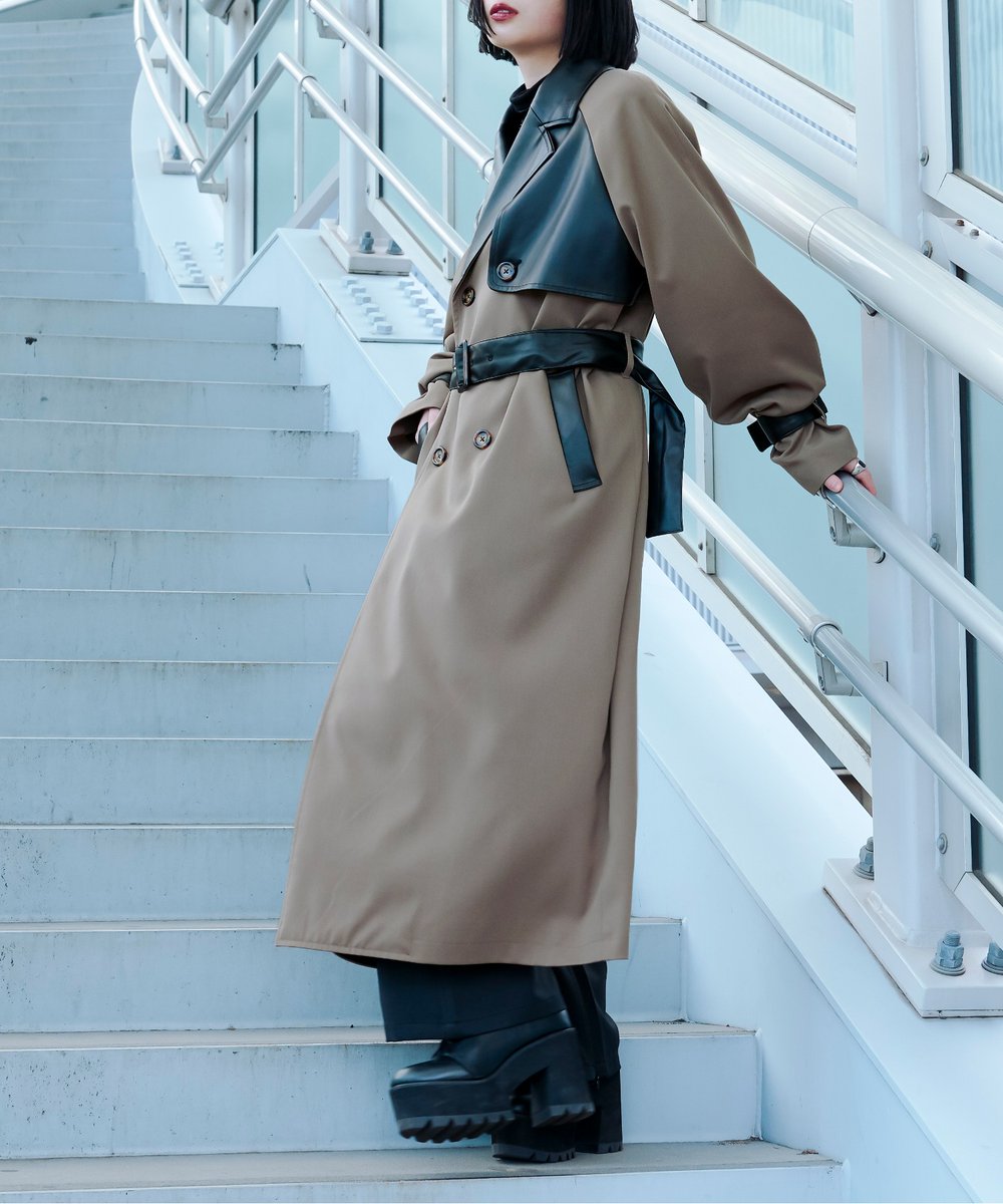 低廉 Ellno Loset ビーガンレザー切り替えトレンチコート tdh