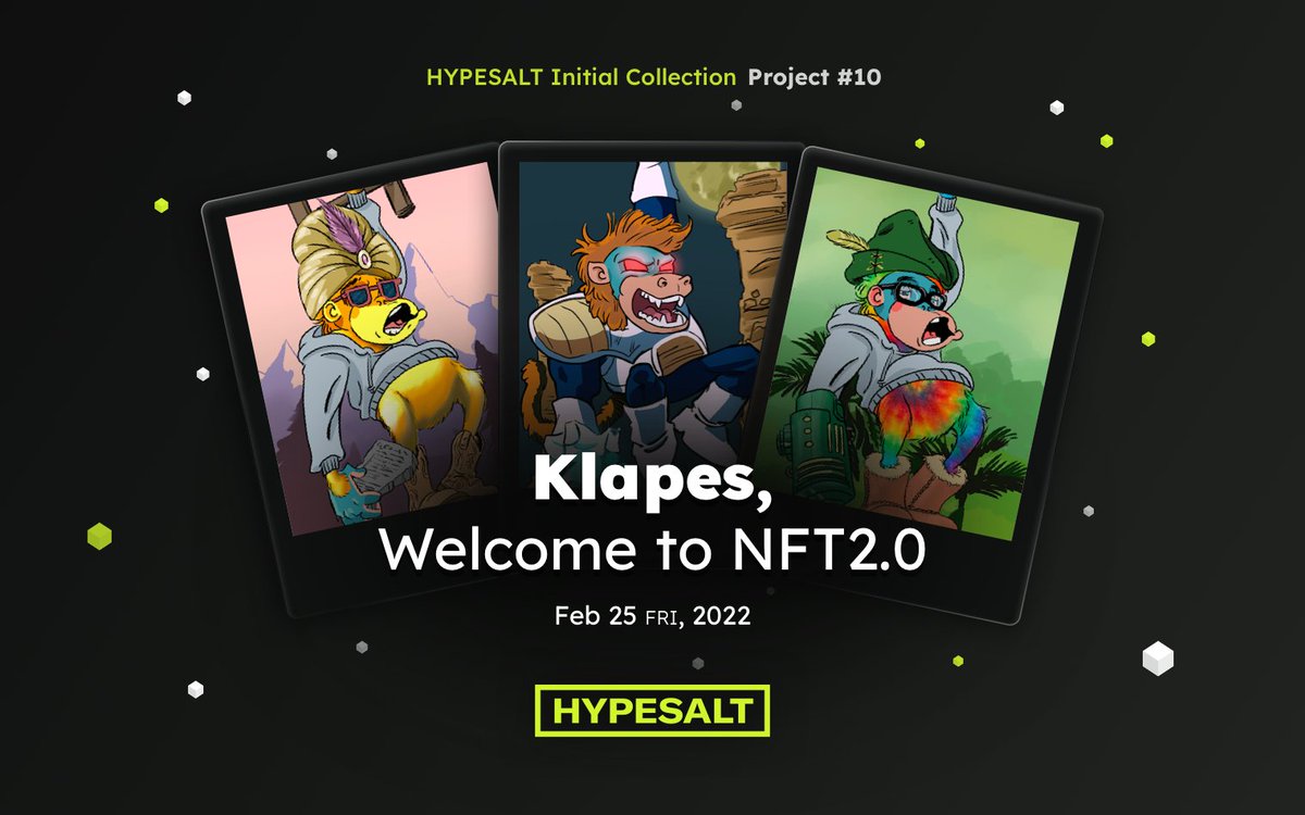 hypesalt's tweet photo. Hi, #HYPESALT Fans! 
Happy to show the new project to be SALTed, Klapes! 
Klapes is the global NFT project with unique, cartoon-style apes 
What’s the next NFT waiting to be SALTed?

@HYPESALT @klapesnft @klaytn_official #NFT $SALT https://t.co/mMYuXnZZND