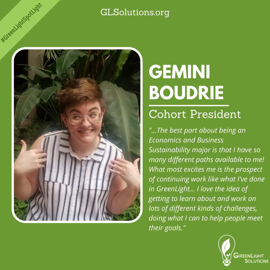 _GLSolutions_'s tweet photo. Today’s #GreenLightSpotlight post goes out to Gemini Boudrie! She has been with GLSF since Spring of 2020 & serves as our student cohort President! Thanks, Gemini, for being our fearless leader!
#HumansofGreenLight #GoGreenLight #sustainabilityleadership #studentsinsustainability https://t.co/n3QtQlJmPD
