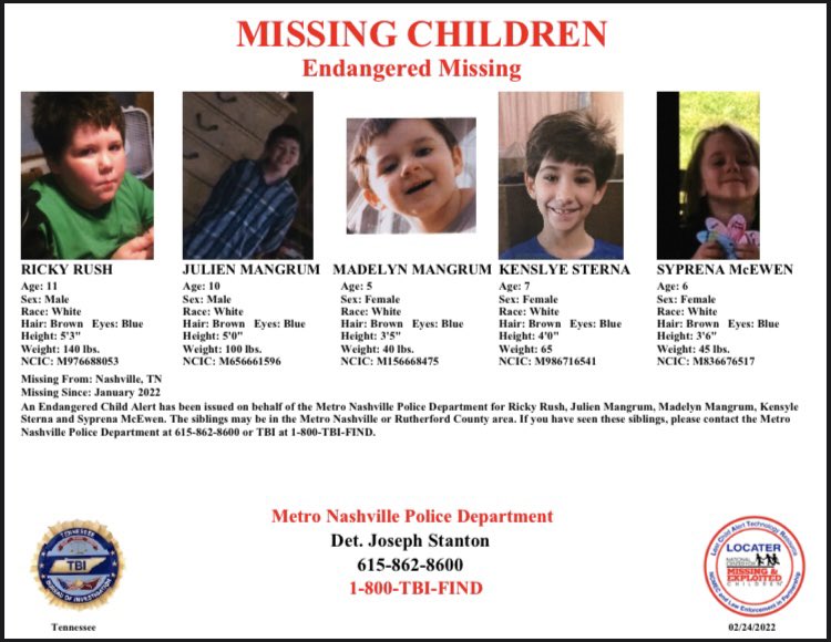 An Endangered Child Alert has been issued for five children missing from Metro Nashville. 

The children have been missing since Jan 2022, and may be in the Metro Nashville or Rutherford County area.

If you see these children, please call 615-862–8600, or 1-800-TBI-FIND.