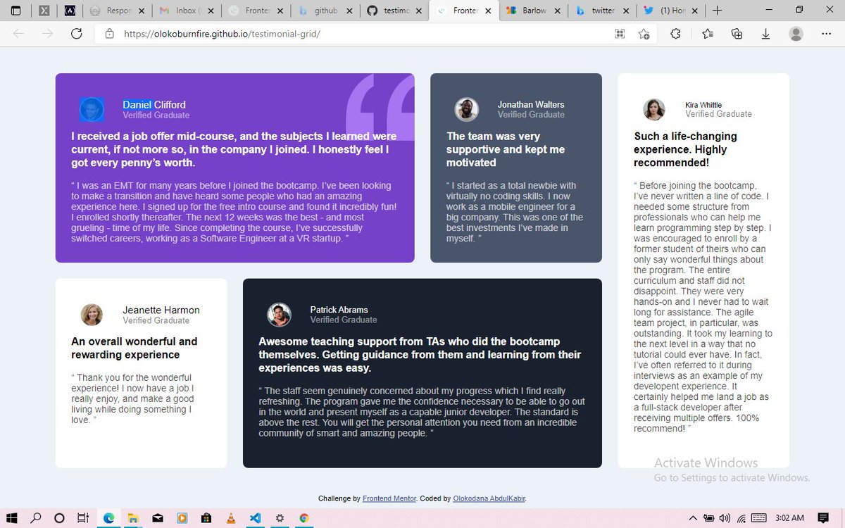 olokoburnfire's tweet image. #100DaysOfCode 
#firstwebpage 
here is the link to the @frontendmentor challenge I completed.
olokoburnfire.github.io/testimonial-gr…
I would highly appreciate your feedback because this is the first webpage I completed without asking for help.
#techcommunity #webdev #html #css