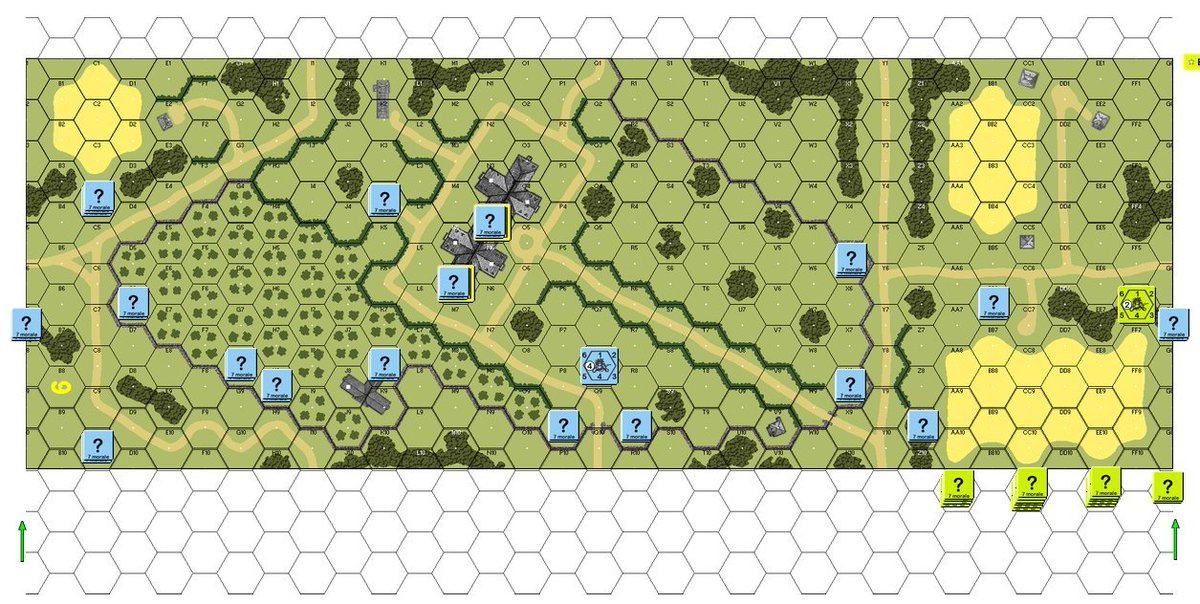 hexandcounter's tweet photo. Played another ASL Scenario Archive game of the month - @MultiManPub Strayer's Strays. Basic infantry scenario, just 3.5 turns, focused on positioning and maneuvering, not firing. US need to find weak points in the defense and exploit them. Germans need perfect defense system. https://t.co/Ki9WVpGeAm