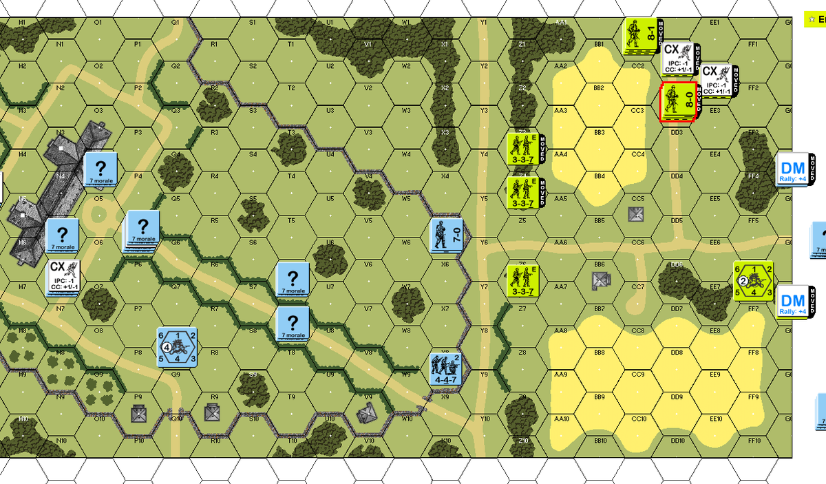 hexandcounter's tweet photo. Played another ASL Scenario Archive game of the month - @MultiManPub Strayer's Strays. Basic infantry scenario, just 3.5 turns, focused on positioning and maneuvering, not firing. US need to find weak points in the defense and exploit them. Germans need perfect defense system. https://t.co/Ki9WVpGeAm