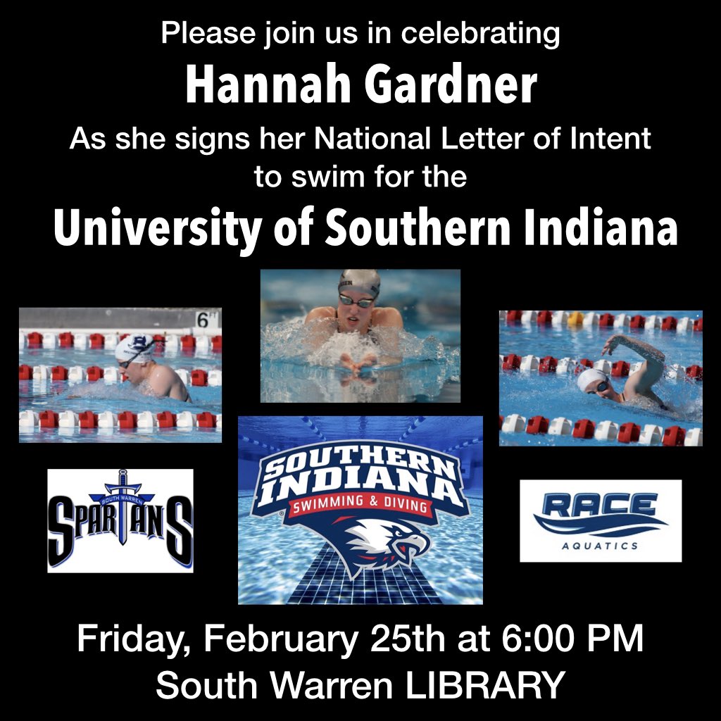 LOCATION CHANGE - Hannah Gardner’s NLI signing will now take place in the South Warren LIBRARY @ 6:00 pm Friday

<a href="/SWSpartanAthl/">South Warren High School Athletics</a> <a href="/raceaquatics/">Race Aquatics Swim Club</a> <a href="/GWswim/">Greenwood Swimming</a> <a href="/bgdailynews/">Bowling Green Daily News</a> <a href="/wbkosports/">WBKO Sports</a> <a href="/NickLoweSWHS/">Nick Lowe</a>