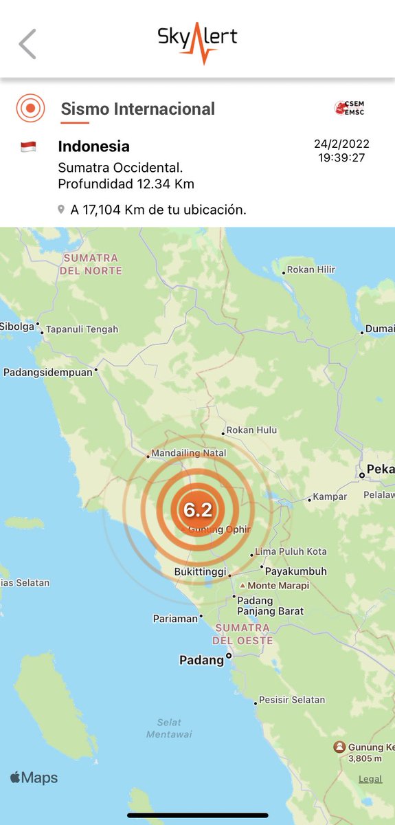 Sismo en Sumatra, Indonesia🇲🇨, magnitud 6.2 (EMSC).
•Intensidades fuertes a violentas.  
•Posibles daños en localidades cercanas al epicentro.