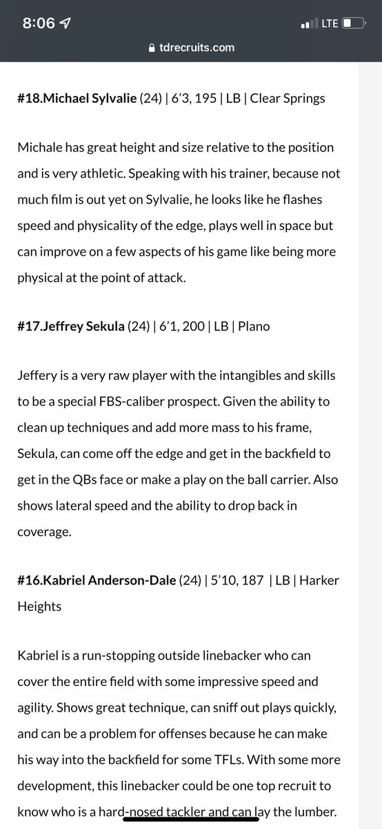 Thank you @TDRecruits for ranking me #17 2024 LB in the state of Texas!!!