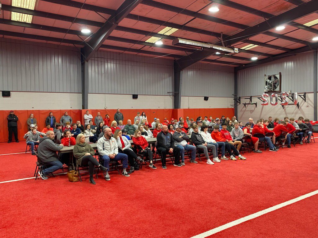 Corbin Football class of 26 official visit was a big success. 41 8th graders committed to the Redhounds tonight. Glad to host them and their families. Sneak peak before all the pictures come out.
