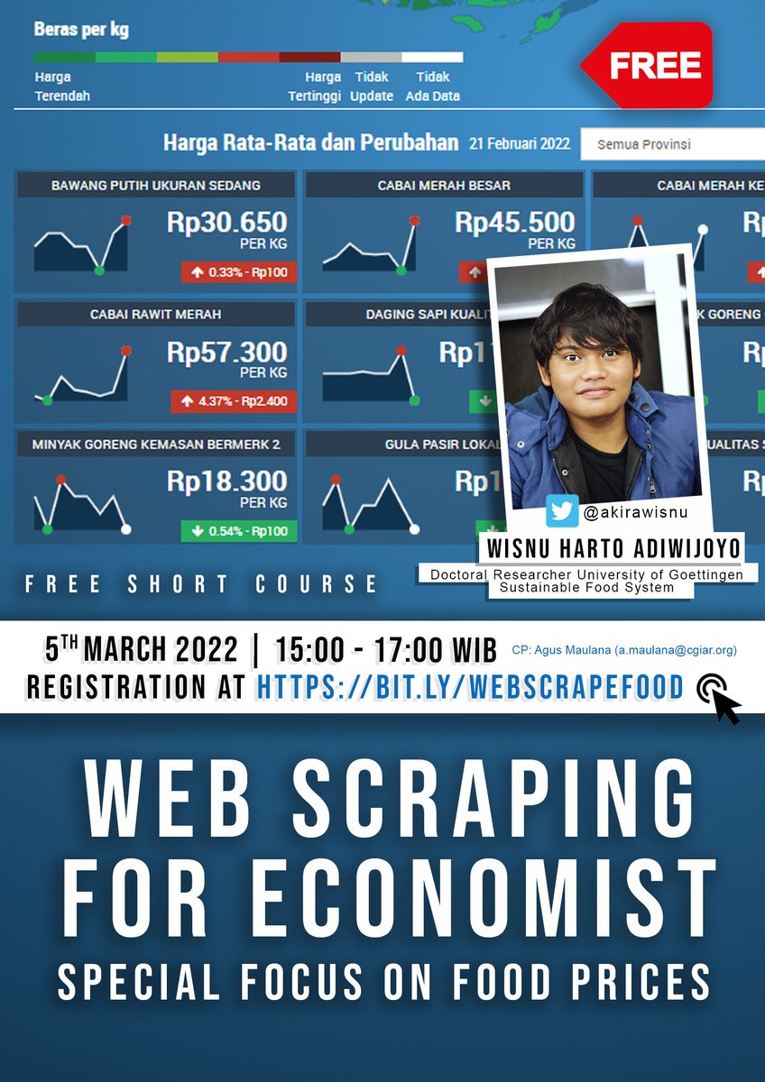 AgusMaulana7's tweet photo. Hi fellas! 👋 
"Web scraping for economist. Special focus on food prices" presented by @akirawisnu  (Doctoral Researcher/Sustainable Food System, University of Göttingen). 

The course is scheduled on 5th March 2022, 15:00 - 17:00 WIB.

Register here https://t.co/89xN09O2HC https://t.co/cxTHgT37Wa