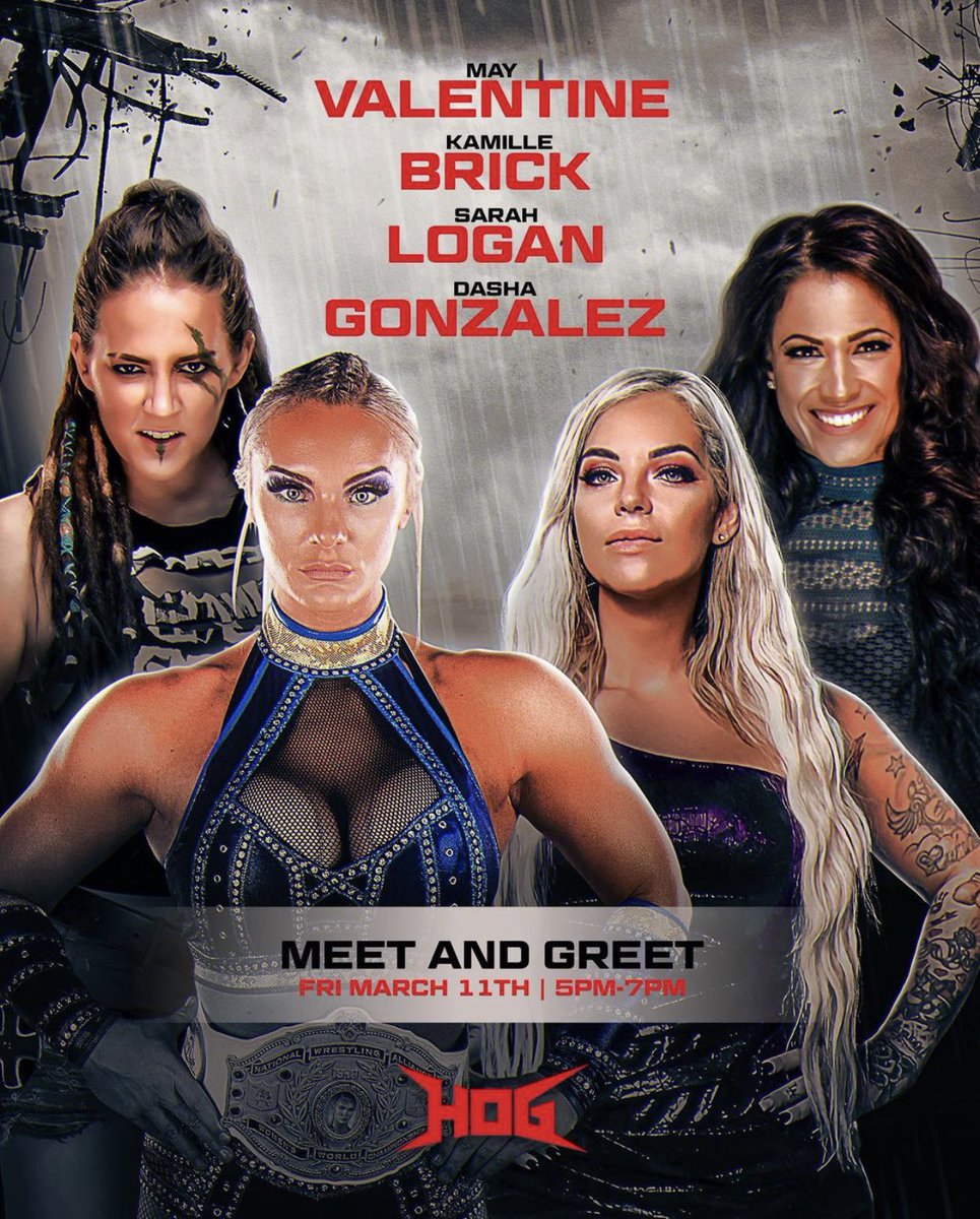 BREAKING: @HOGwrestling announces a Meet & Greet on Friday, March 11th from 5P-7P in Queens, NY that features @mayradiasgomes, #KamilleBrickhouse, @SarahRowe, and @DashaKuret. #HouseofColors #HouseofGlory #BreakingNews #prowrestling #WomensWrestling #news