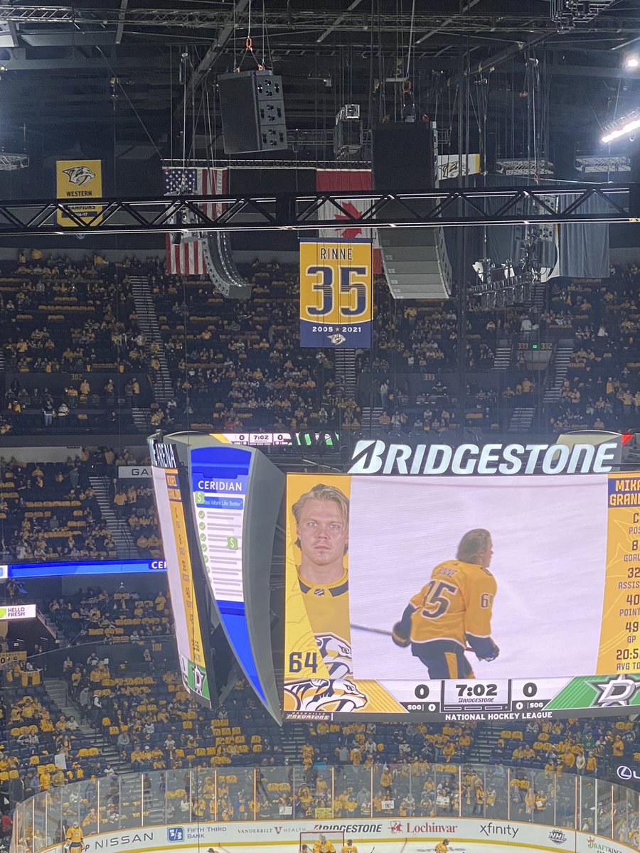 Steven_Turnham's tweet photo. One of the coolest things I’ve ever got to see in sports. Being here tonight for Pekka’s Jersey Retirement ranks right up there with my favorite sports memories ever! No one deserves it more Peks! Thanks for everything! #35Forever @PredsNHL https://t.co/R9eTIfHw5f