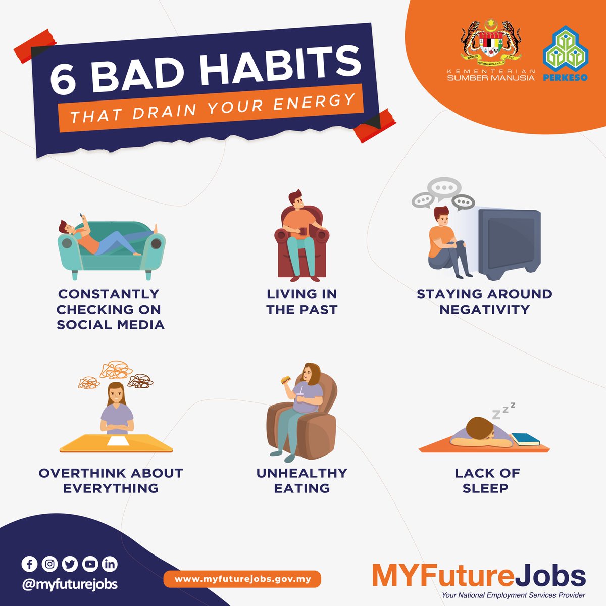 MYFJOfficial's tweet photo. Bad habits interrupt your life and prevent you from accomplishing your goals. They jeopardize your health both mentally and physically, and they waste your time and energy
#PERKESO #MYFutureJobs #MYFJ #badhabits #drainenergy #avoidbadhabits #MYFJinfo #improveyourself https://t.co/HgpVSRhKe5