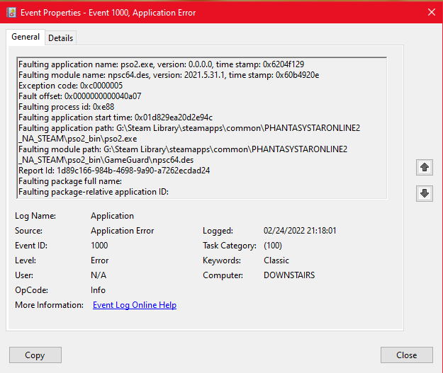 AskaLangly's tweet photo. HELLO EVERYBODY.
(This includes @PSO2Weiss, @Flyergo, and the rest that have seen my plea into fixing the game.)
Flyer told me to check Windows' Event Viewer.
#GAMEGUARD is to blame.
Updated my support ticket. #PSO2NGS https://t.co/B13HMjEhiP