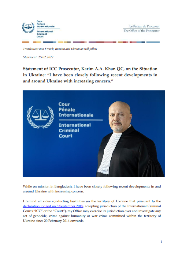 IntlCrimCourt's tweet photo. 📢 Statement of #ICC Prosecutor #KarimAAKhanQC, on the Situation in #Ukraine: “While on mission in Bangladesh, I have been closely following recent developments in and around Ukraine with increasing concern." Read more ⤵️ https://t.co/xMshqB8Fid