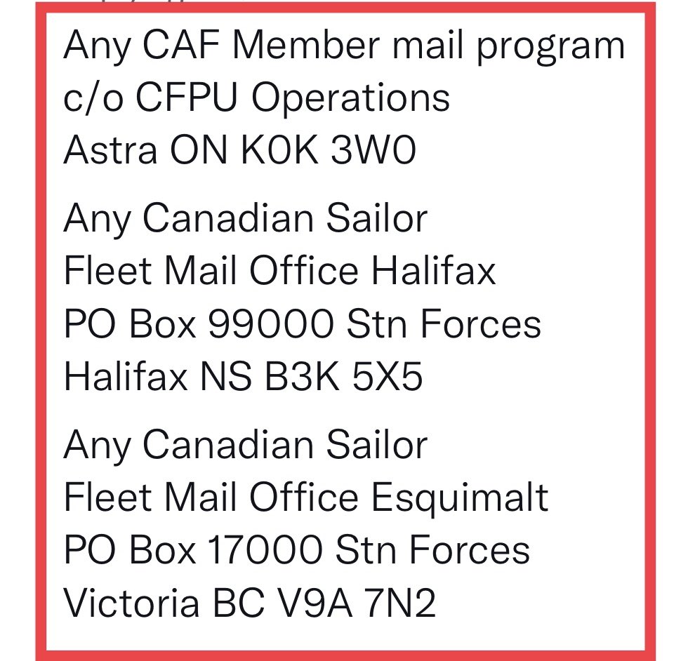 Morale booster time.
Pen a letter or card to any of our current serving CAF members deployed abroad.  They could really use a pick me up right now.