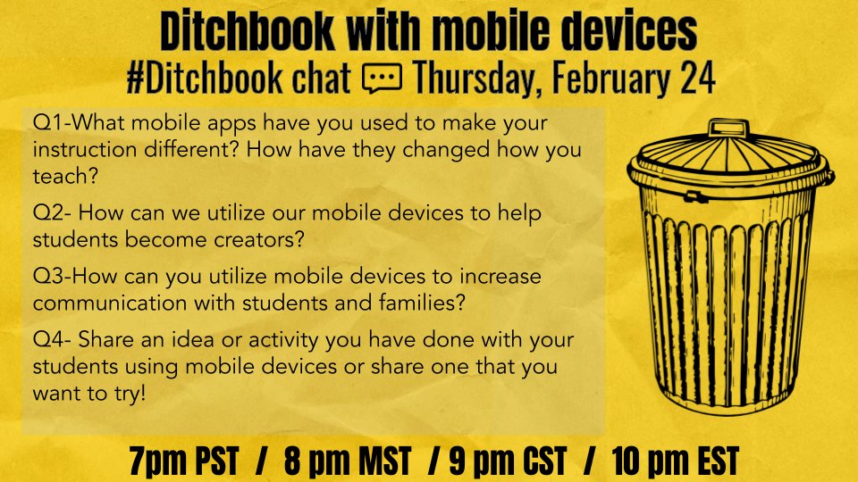 Hey #ditchbook family! 

Hope you can join us tonight for a chat all about utilizing those mobile devices!

It's a quick 30 minute chat that starts at the top of the hour. Questions and times below ⬇️

See you there!