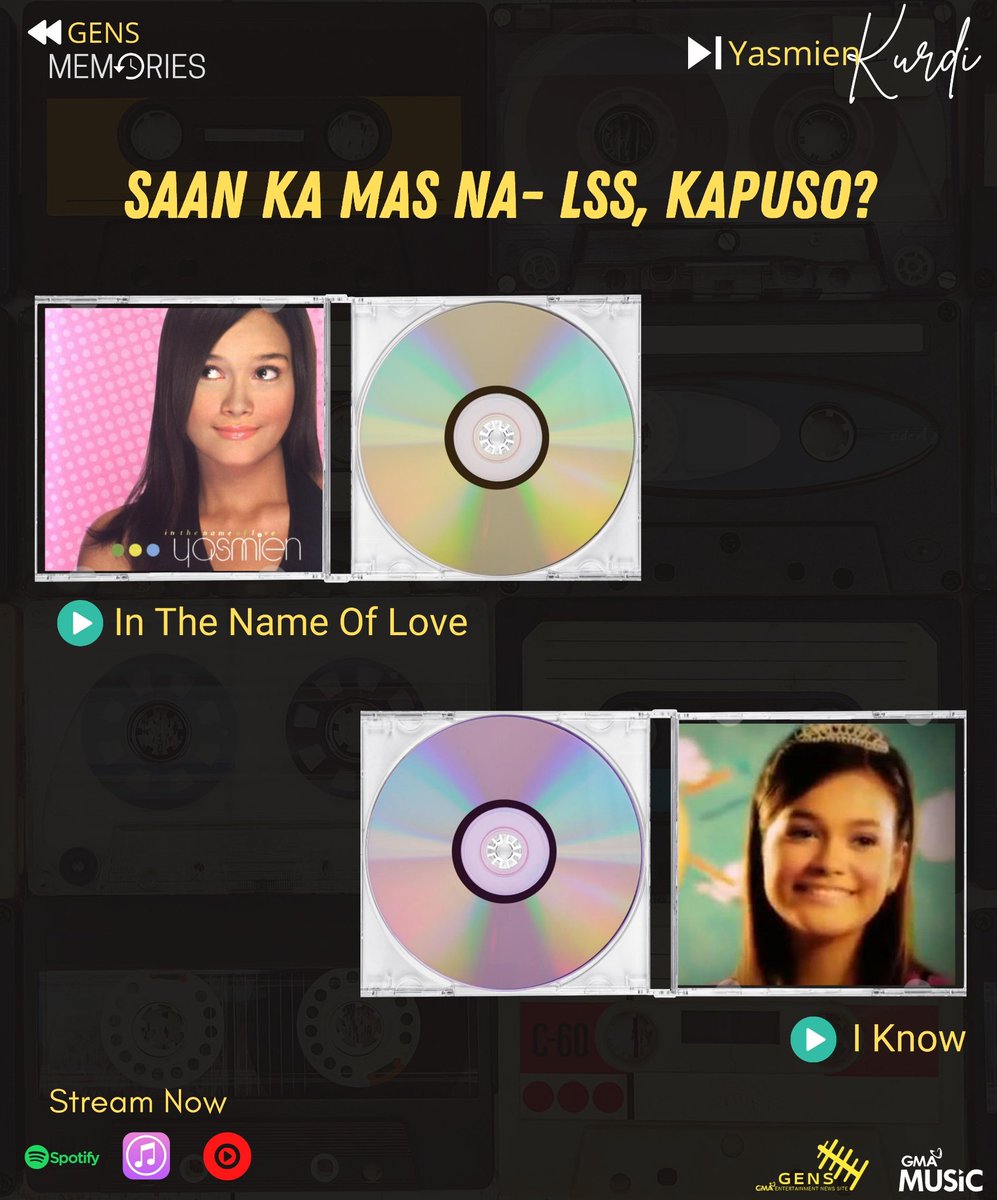 GENSDigital_'s tweet photo. #GENSMemories 
  Kung naabutan mo ang dalawang kantang ito, mag-asawa kana Kapuso! 😂

Sa dalawang hit songs ni Yasmien Kurdi na ito, saan ka mas na-LSS, "IN THE NAME OF LOVE" or sa "I KNOW"? 
New Album/Single for @TheRealYasmien please @GMAMusic 🔥
#FlashbackFriday https://t.co/qAeMWghW5D