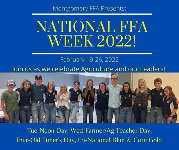 Dress up in your blue and gold tomorrow for our last day of FFA Week!! @Tommaney_MHS <a href="/mhs_bears/">Montgomery High School</a> <a href="/MHSPTOBears/">MHS PTO</a> @Schur_MHS @MISDCareerTech