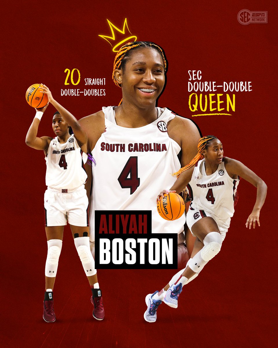 SECNetwork's tweet photo. CROWN HER 👑

Aliyah Boston has broken the SEC record for consecutive double-doubles 👏 @GamecockWBB https://t.co/9xFMYk6CId