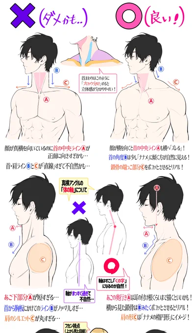 男性の鎖骨まわりのデッサンをする図解

「ダメかも❌」と「良いかも⭕️」 