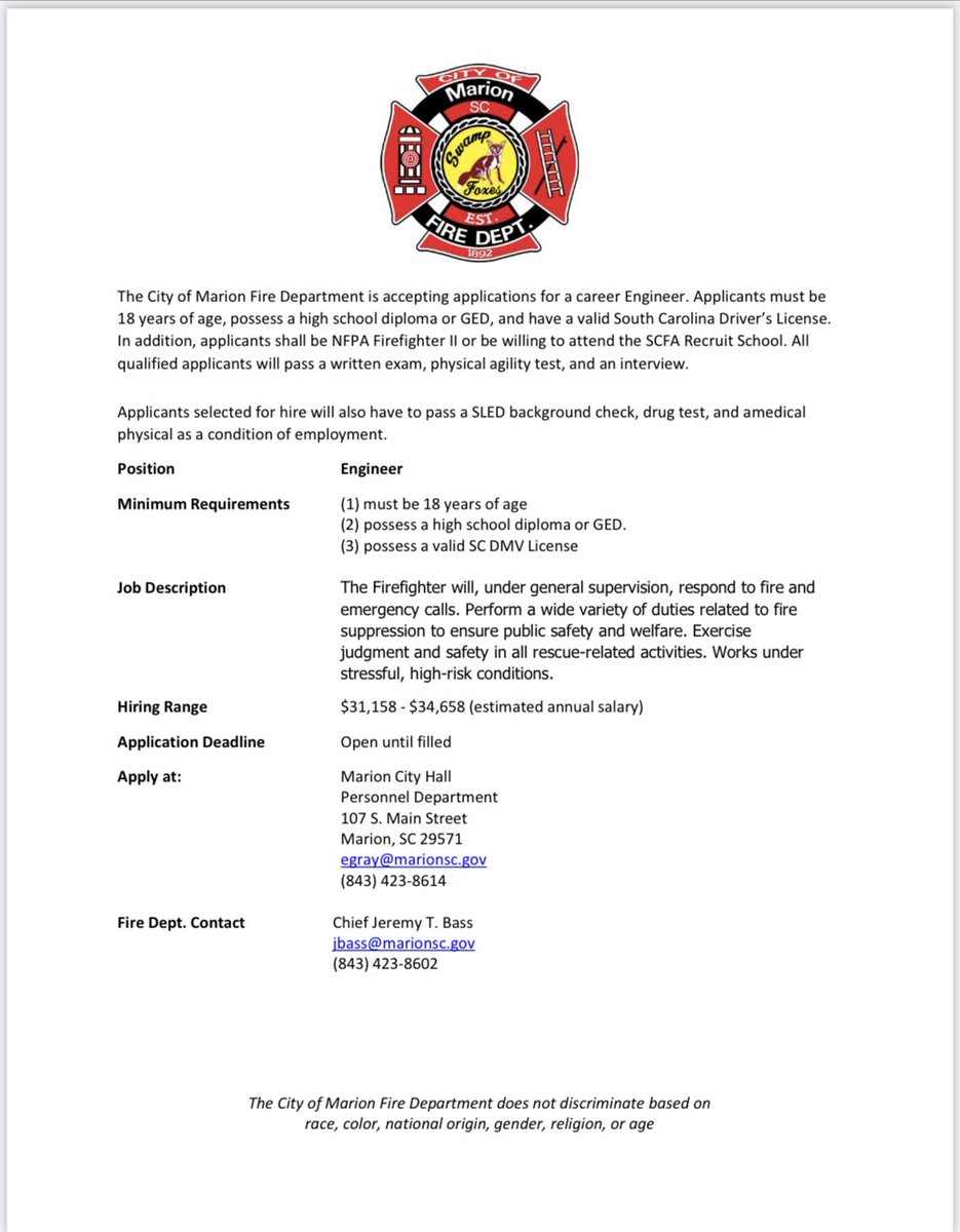 Actively recruiting for 2 currently open Full Time positions and potentially 3 more should Marion Fire be awarded an upcoming SAFER grant!