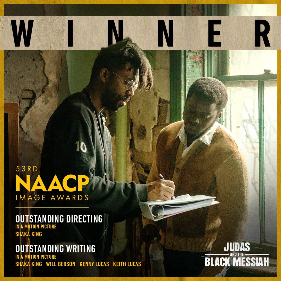 Congratulations to our #JudasandtheBlackMessiah Outstanding Director, Shaka King, and Outstanding Writers, Shaka King, Will Berson, Kenny Lucas and Keith Lucas on their #NAACPImageAwards wins!