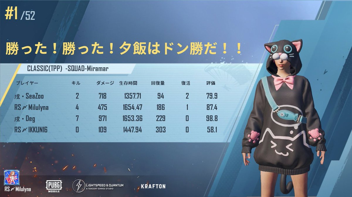 Milulyna's tweet photo. 昨日の #ストリム 2戦目ドン勝！総合は惜しくも2位でした✨
古くからの #MiluTips リスナーでありサブ垢RSのM太郎ことDegさんとシーズーさん。新スクリムチーム #戌 もほぼ元RSという親和性の高いチームです。今後活動始めるようなのでこちらも見かけたら応援よろしくお願いします✨ #RDSFTWIN #戌WIN https://t.co/ysaVJja7HJ