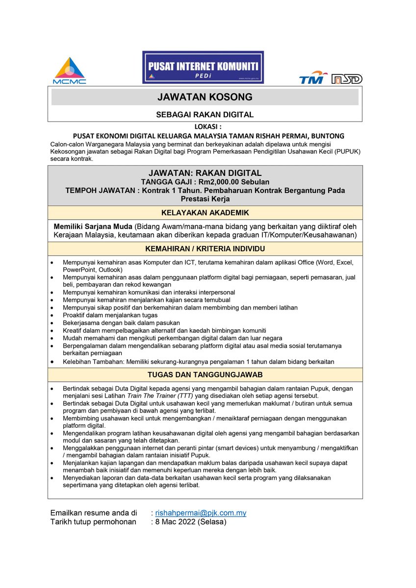 PediRishah's tweet photo. Calon-calon Warganegara Malaysia yang berminat dan berkelayakan adalah dipelawa untuk mengisi kekosongan jawatan sebagai Rakan Digital bagi Program Pemerkasaan Pendigitalan Usahawan Kecil (PUPUK) secara kontrak. https://t.co/kQzuDUUwwk