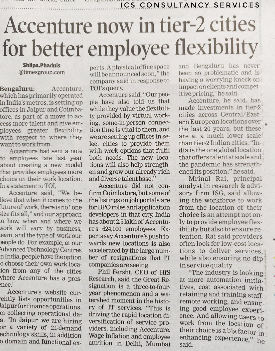 #Accenture India soon to open up career opportunities in many tier 2 cities. Looks like we may see positions in Jaipur, Coimbatore, Lucknow etc soon. Report in ToI.
#jobs #softwaredevelopment #EmployeeExperience #EmployeeAppreciation
