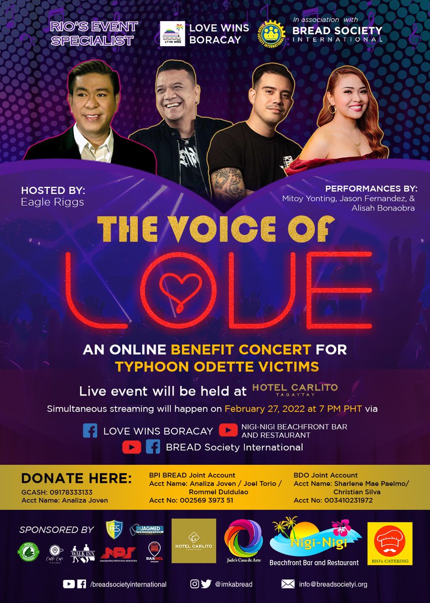 mcgibread's tweet photo. Join us in a benefit concert for the communities affected by Typhoon Odette.

On February 27, Sunday, 7PM PHT, catch 'The Voice of Love' on your own screens. Enjoy performances from Alyssa Bonaobra, Jason Fernandez, and Mitoy Yonting. https://t.co/7XUBF3KqLJ