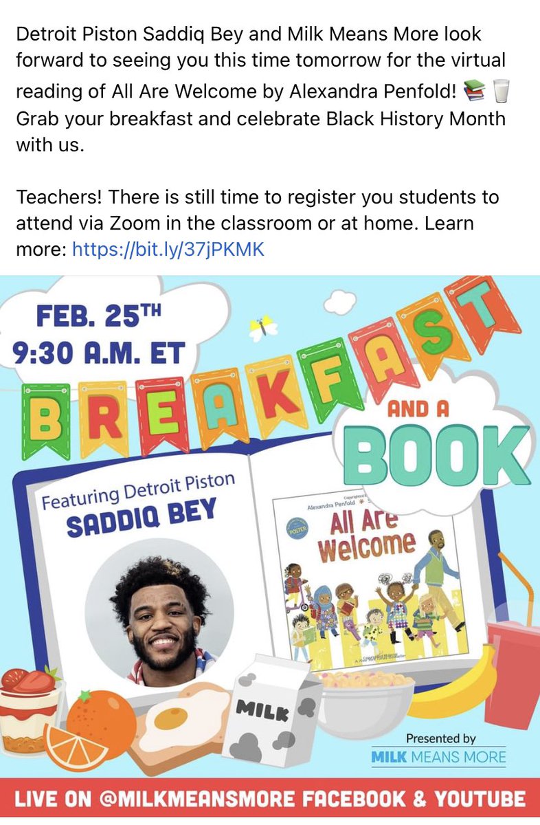 Dr. Jaye Peterson (@ap_scarlett_a2) on Twitter photo Breakfast and a book Friday, February 25th with <a href="/SaddiqBey/">Saddiq Bey</a> Teachers! There is still time to register your students to attend via Zoom in the classroom or at home. Learn more: bit.ly/37jPKMK #teacher #education #BHM2022 #books #NBA #Detroit #Pistons Breakfast and a book Friday, February 25th with <a href="/SaddiqBey/">Saddiq Bey</a> Teachers! There is still time to register your students to attend via Zoom in the classroom or at home. Learn more: bit.ly/37jPKMK #teacher #education #BHM2022 #books #NBA #Detroit #Pistons